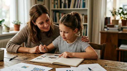 Parent et élève analysant ensemble des fiches de progression avec un cahier d'évaluation