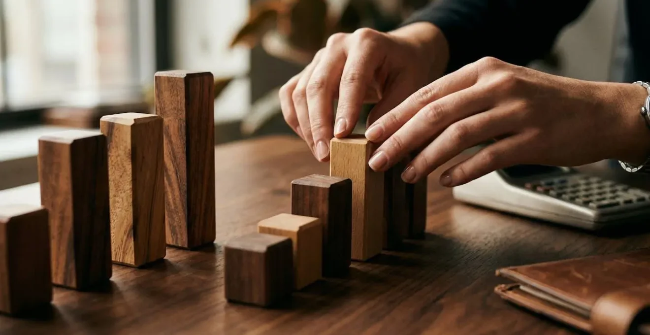 Mains professionnelles manipulant des graphiques de progression de carrière en relief