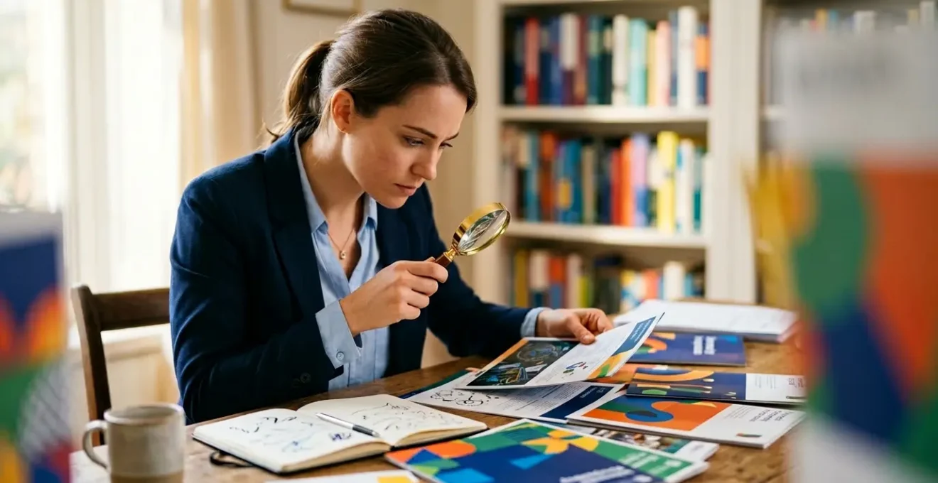 Personne examinant des documents de formation avec une loupe sur un bureau organisé