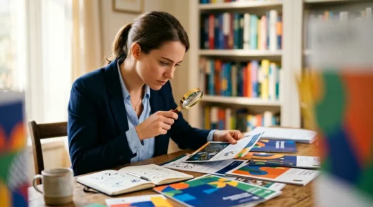 Personne examinant des documents de formation avec une loupe sur un bureau organisé