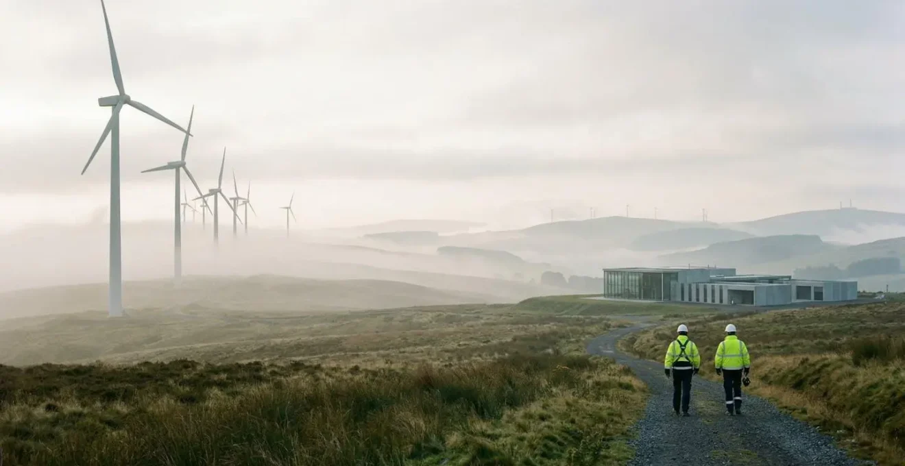 Plan large d'un champ d'éoliennes au premier plan avec un centre de formation moderne en arrière-plan