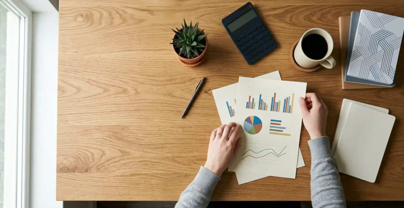 Jeune professionnel organisant ses finances sur son bureau avec calculatrice et documents budgétaires