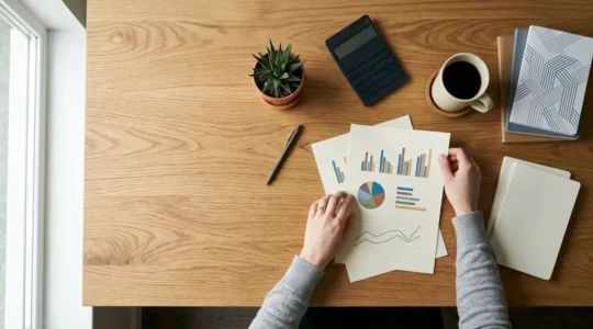 Jeune professionnel organisant ses finances sur son bureau avec calculatrice et documents budgétaires