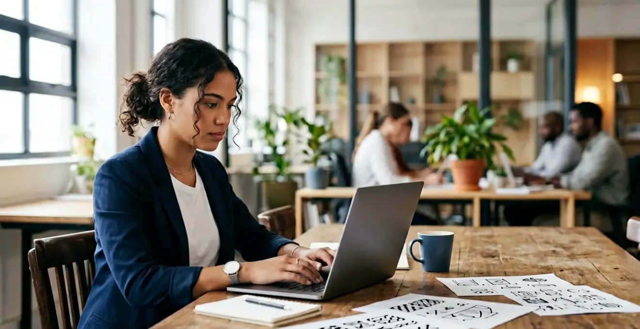 Jeune alternant concentré sur sa recherche d'entreprise d'accueil, travaillant sur un ordinateur portable dans un espace de coworking lumineux
