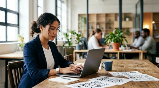 Jeune alternant concentré sur sa recherche d'entreprise d'accueil, travaillant sur un ordinateur portable dans un espace de coworking lumineux