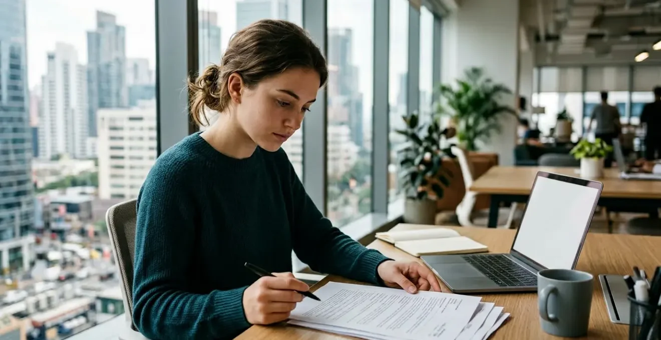 Jeune diplômé analysant un contrat de travail dans un bureau moderne avec vue sur la ville