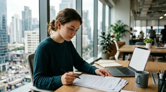 Jeune diplômé analysant un contrat de travail dans un bureau moderne avec vue sur la ville