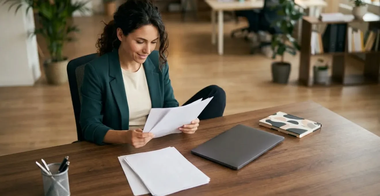 Jeune professionnel en formation tenant des documents administratifs dans un bureau moderne