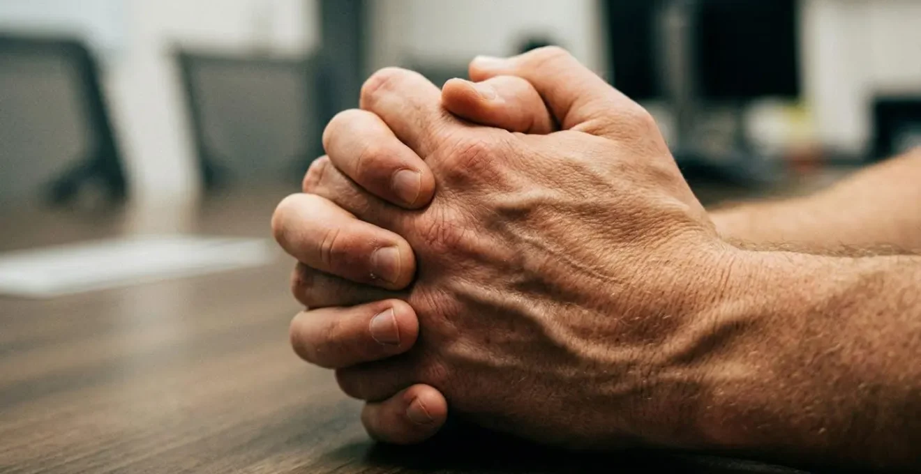 Gros plan sur les mains croisées d'une personne en réunion, tension visible dans les doigts, bureau moderne en arrière-plan flou