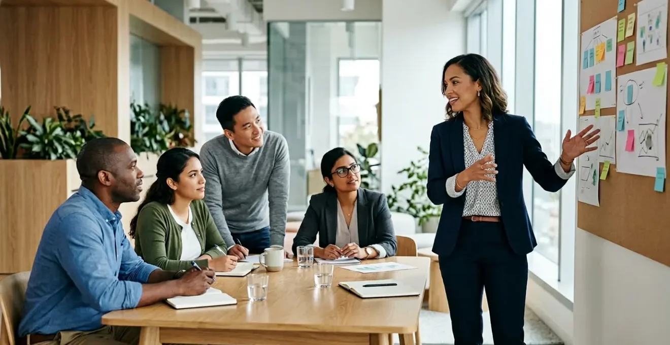 Un leader de projet coordonne une équipe diversifiée autour d'une table de réunion moderne, illustrant le management transversal sans autorité hiérarchique.