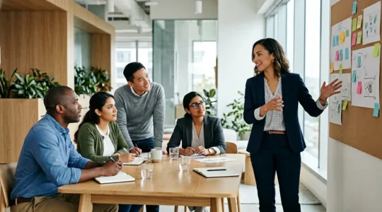 Un leader de projet coordonne une équipe diversifiée autour d'une table de réunion moderne, illustrant le management transversal sans autorité hiérarchique.
