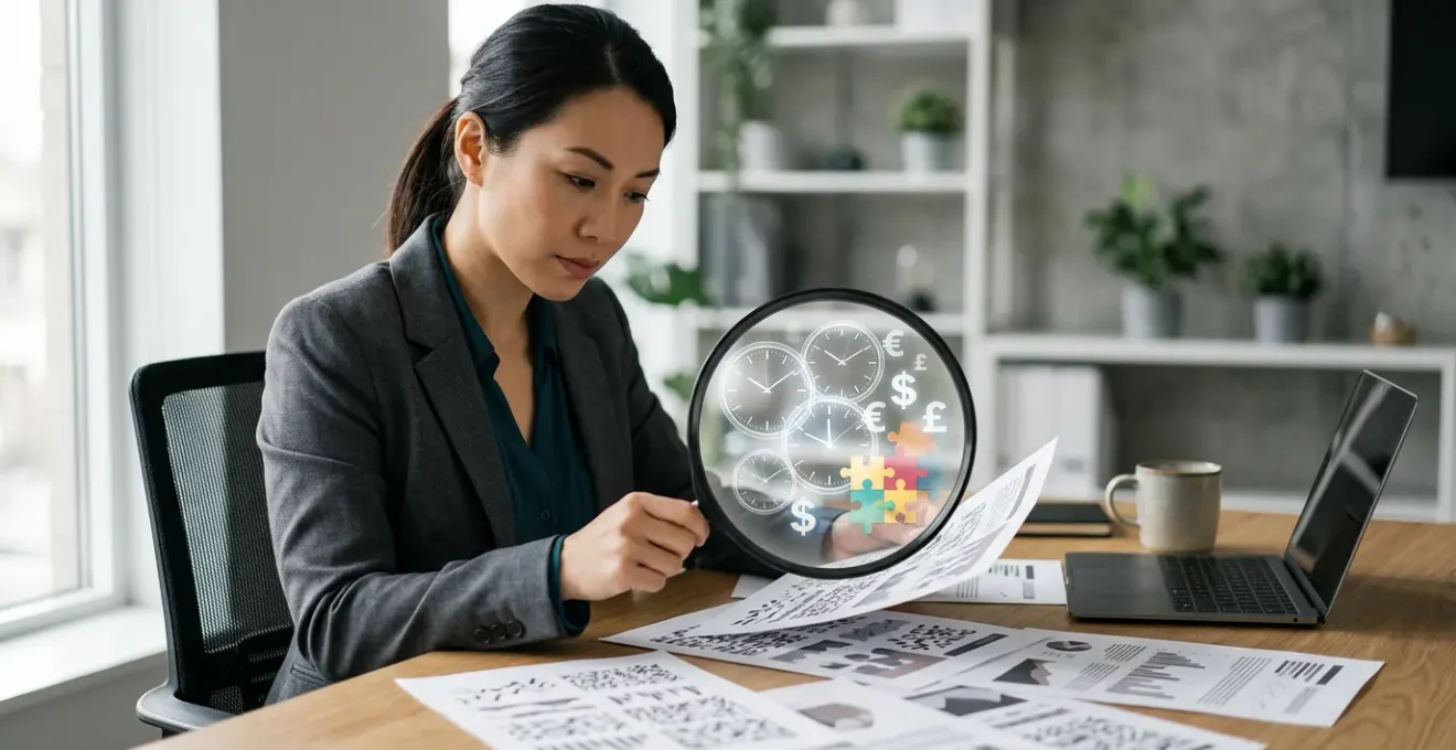 Un candidat analysant une fiche de poste avec une loupe révélant des informations cachées