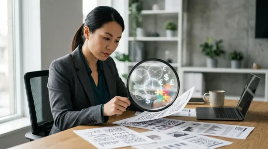 Un candidat analysant une fiche de poste avec une loupe révélant des informations cachées