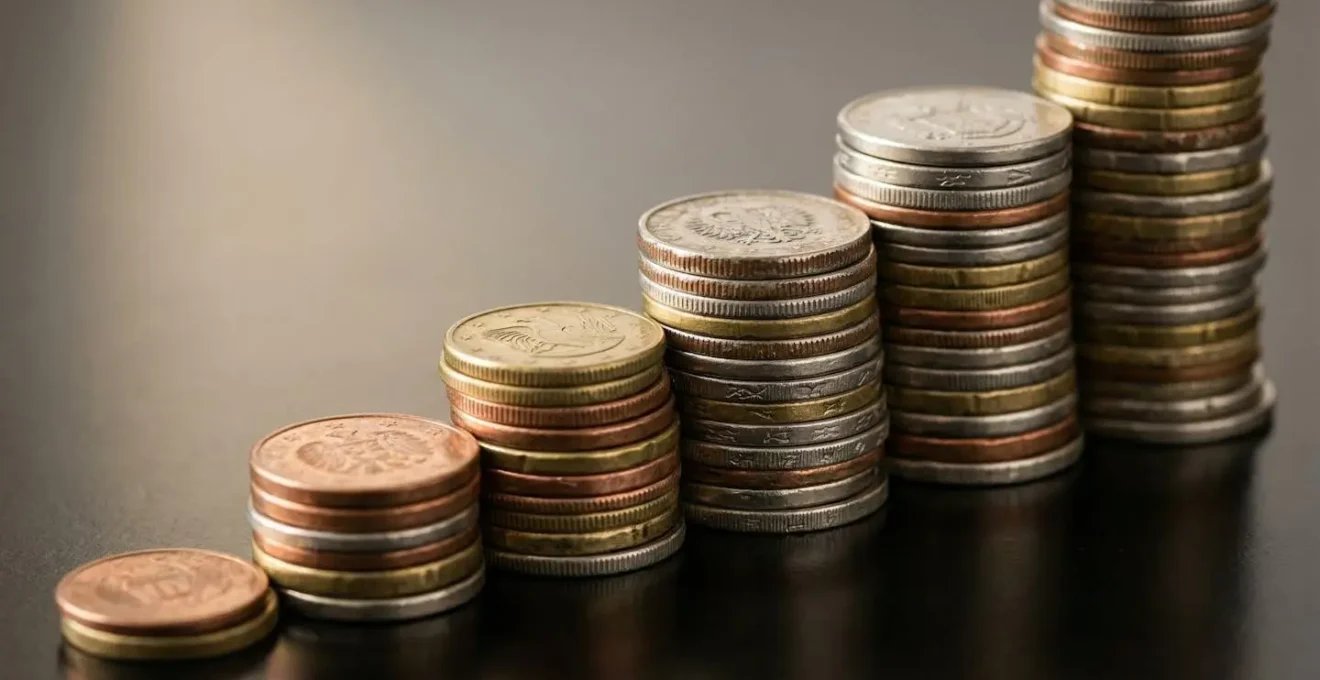 Piles de pièces de monnaie en croissance progressive symbolisant l'épargne qui augmente
