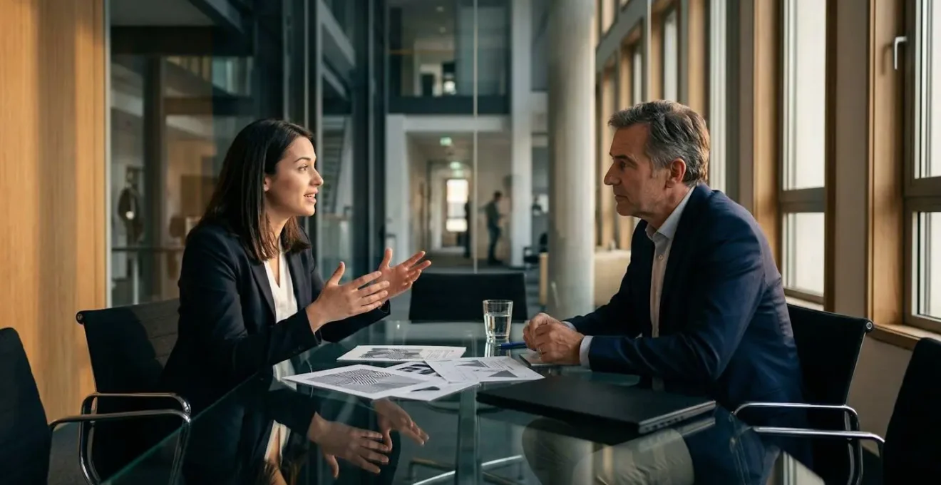 Discussion professionnelle entre un alternant et son manager dans un bureau moderne