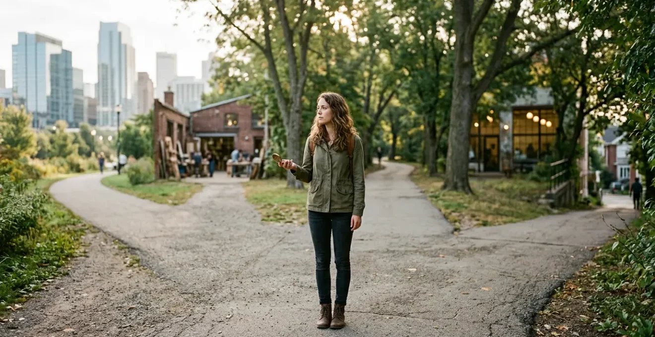 Jeune adulte contemplatif face à plusieurs chemins dans un parc urbain, symbolisant les choix d'orientation professionnelle