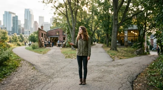 Jeune adulte contemplatif face à plusieurs chemins dans un parc urbain, symbolisant les choix d'orientation professionnelle