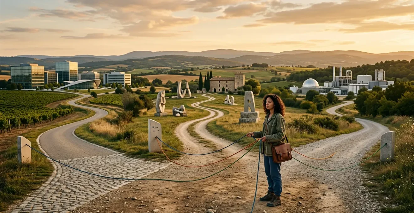 Jeune personne contemplative face à trois chemins divergents dans un paysage français