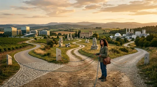 Jeune personne contemplative face à trois chemins divergents dans un paysage français