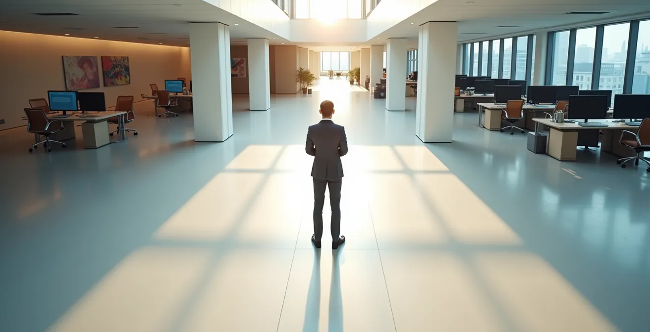 Vue d'un professionnel au centre de plusieurs espaces de travail, symbolisant le profil T-shaped qui connecte différents domaines de compétences.