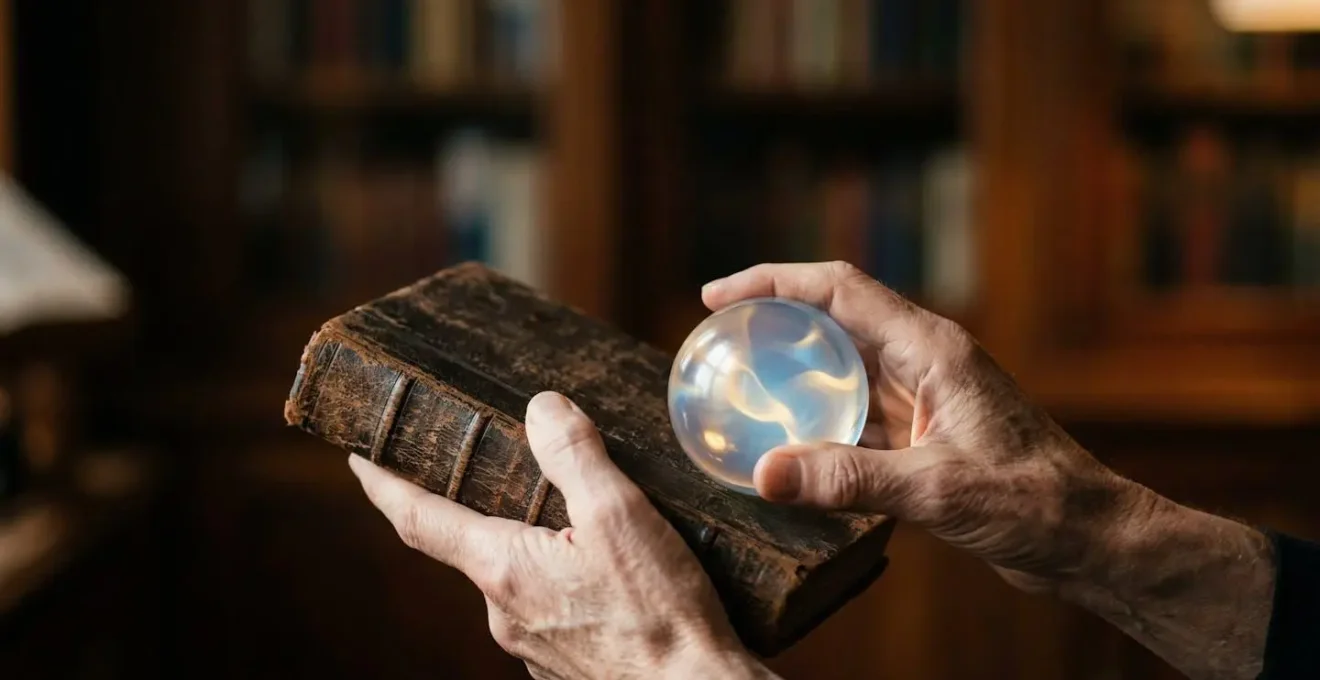 Gros plan sur des mains tenant simultanément un livre ancien et une sphère holographique lumineuse symbolisant l'IA