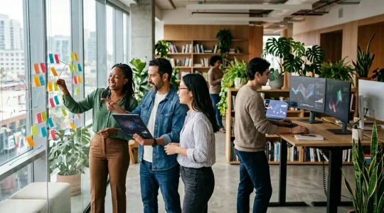 Professionnels littéraires travaillant sur des projets technologiques dans un environnement moderne