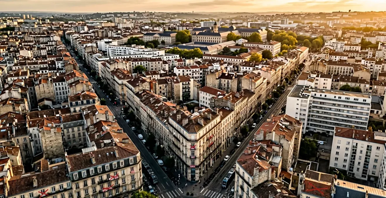 Vue aérienne d'une ville universitaire française montrant la densité urbaine et la rareté des logements disponibles