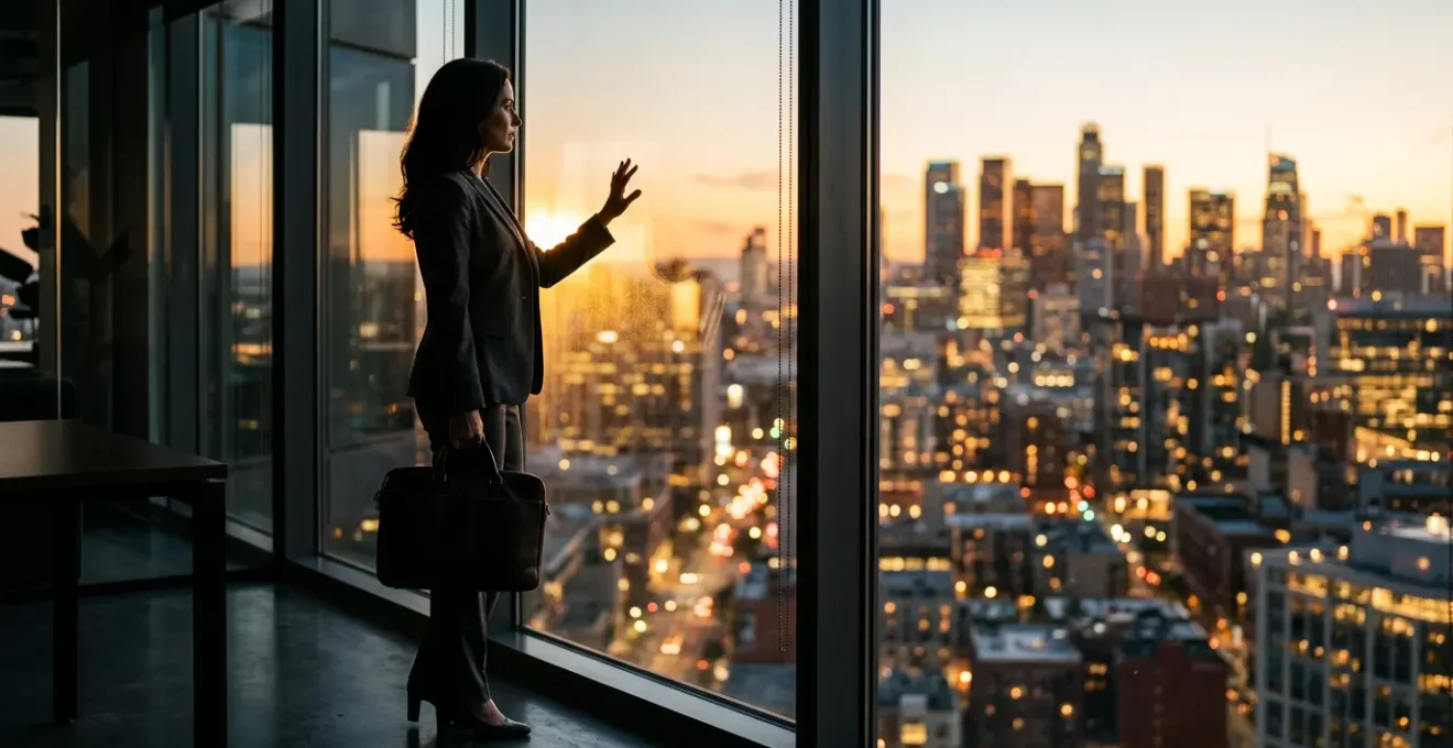 Personne de 40 ans contemplant de nouvelles opportunités professionnelles depuis une fenêtre lumineuse