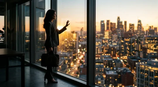 Personne de 40 ans contemplant de nouvelles opportunités professionnelles depuis une fenêtre lumineuse