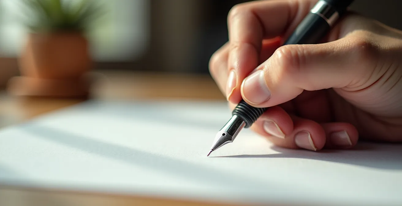 Gros plan sur des mains tenant un stylo au-dessus d'une feuille avec des notes manuscrites structurées