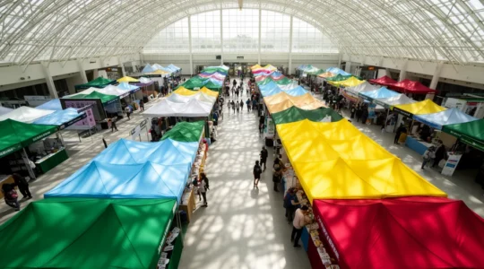 Vue en plongée d'un salon étudiant avec allées animées et stands colorés