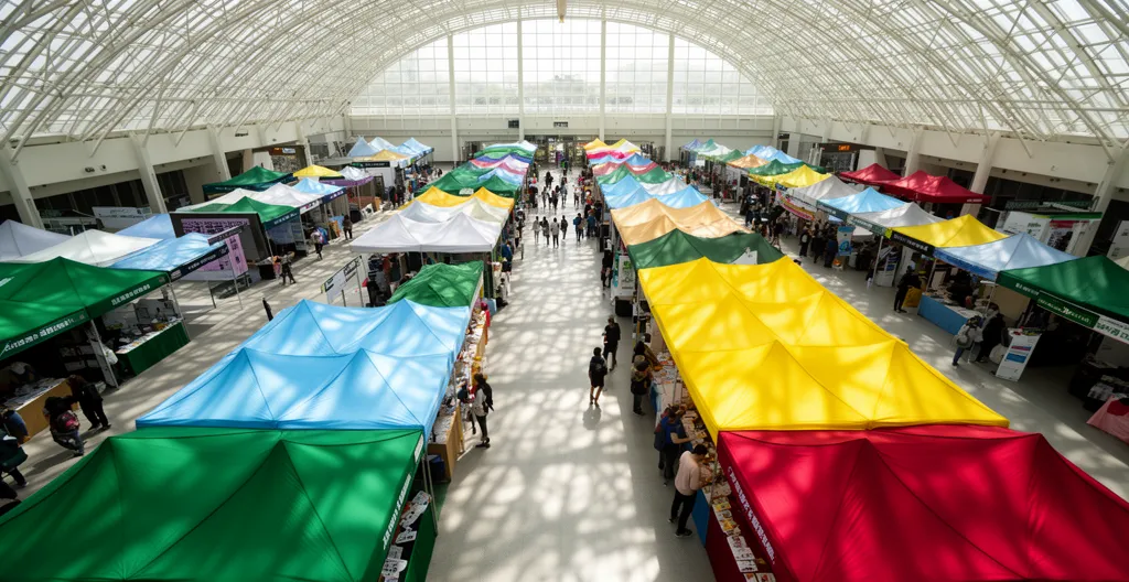 Vue en plongée d'un salon étudiant avec allées animées et stands colorés
