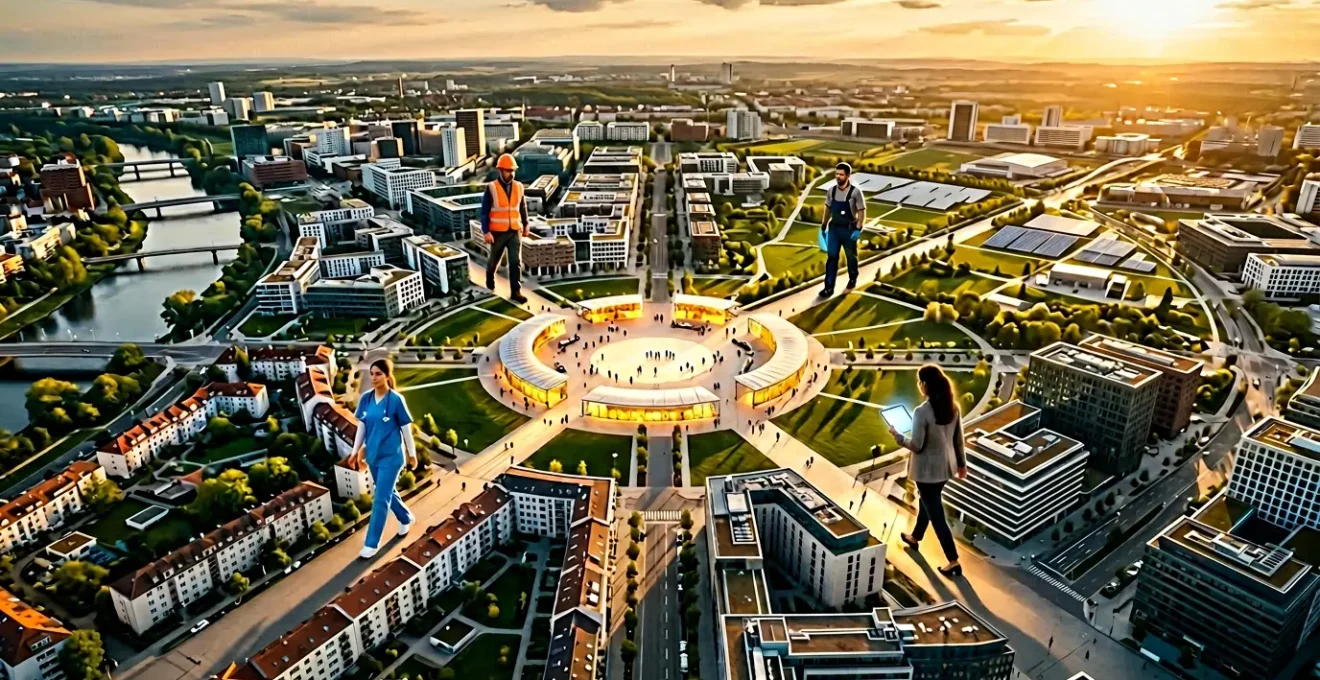 Vue aérienne d'une ville moderne avec des professionnels de différents secteurs convergeant vers un carrefour central lumineux