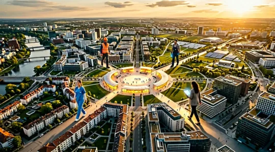 Vue aérienne d'une ville moderne avec des professionnels de différents secteurs convergeant vers un carrefour central lumineux