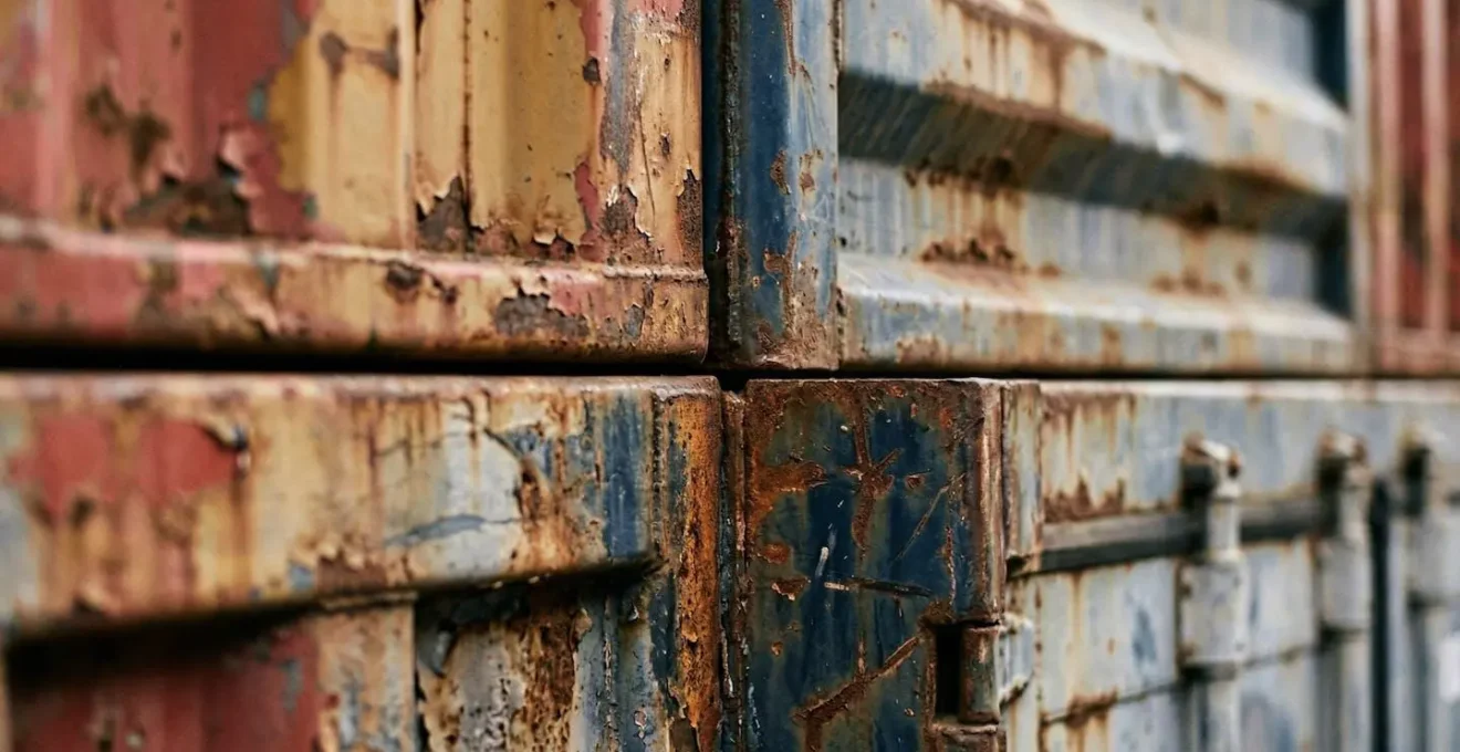 Vue macro de conteneurs de transport maritime empilés avec textures métalliques colorées