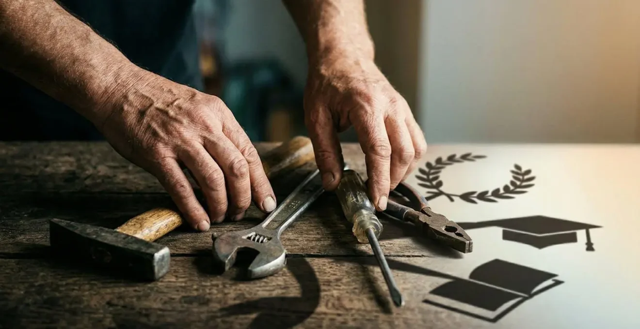 Mains transformant des outils de travail en symboles académiques abstraits