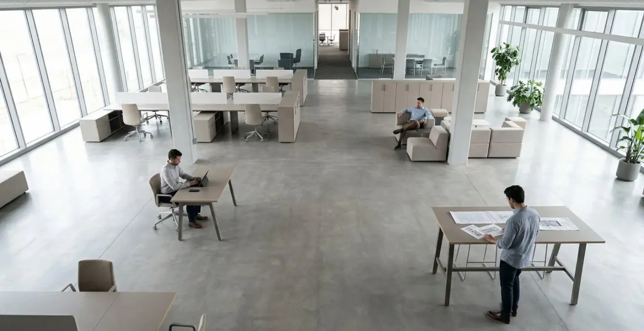 Vue aérienne d'un bureau moderne avec trois personnes formant un triangle, espace négatif important, composition géométrique
