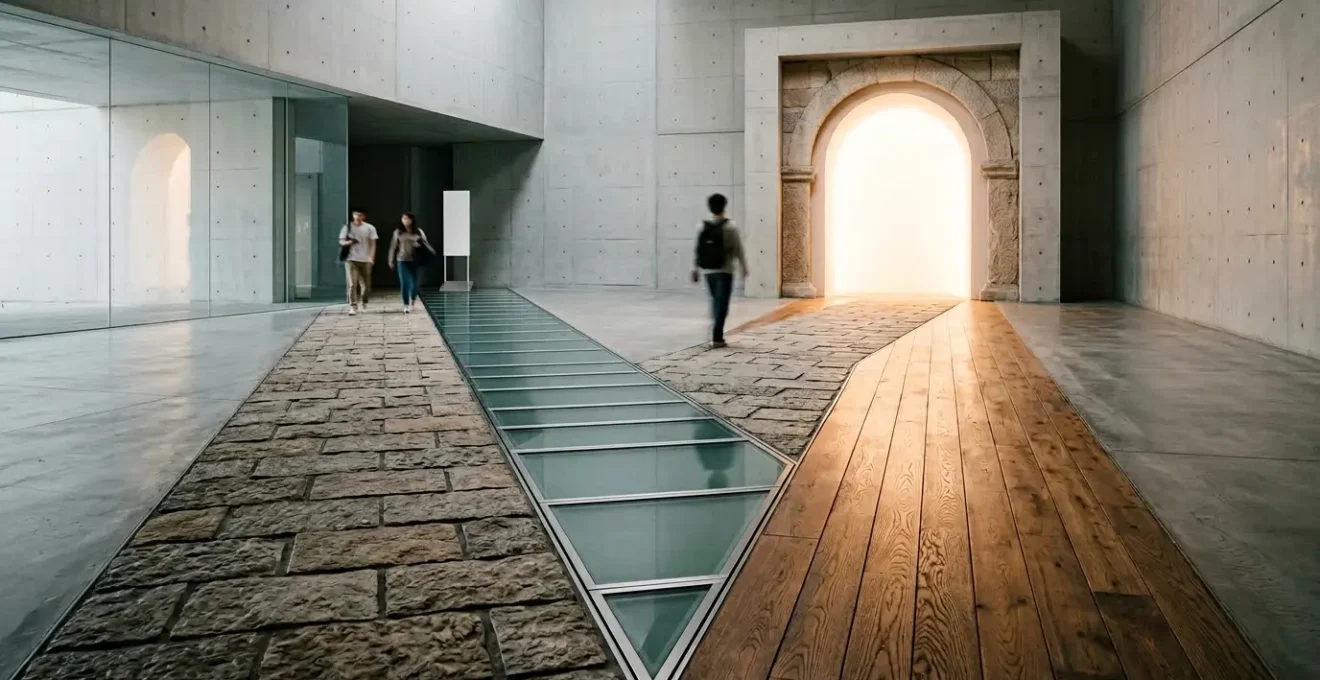 Étudiants aux parcours différents convergeant vers une même porte lumineuse symbolisant la reconnaissance de leurs acquis