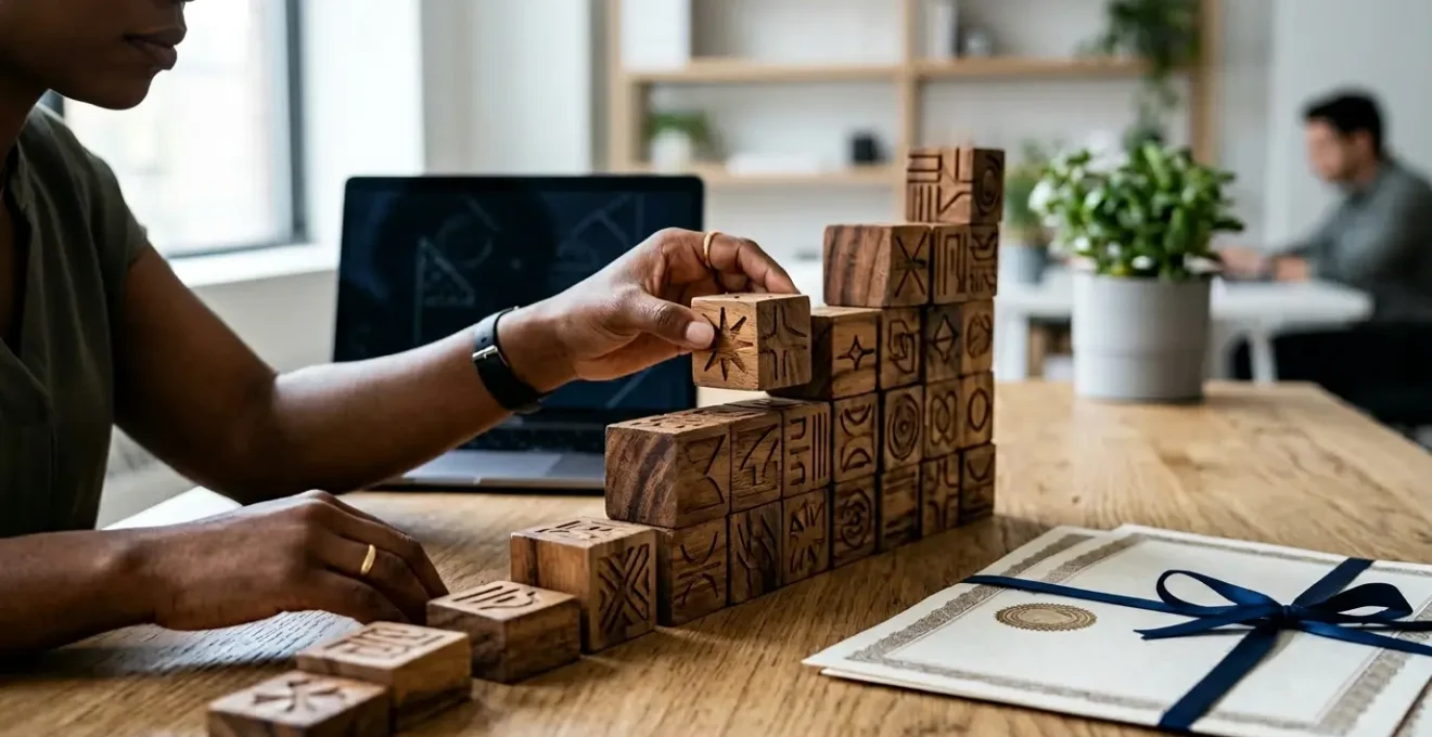 Professionnelle analysant un document de certification RNCP avec blocs de compétences modulaires sur bureau moderne