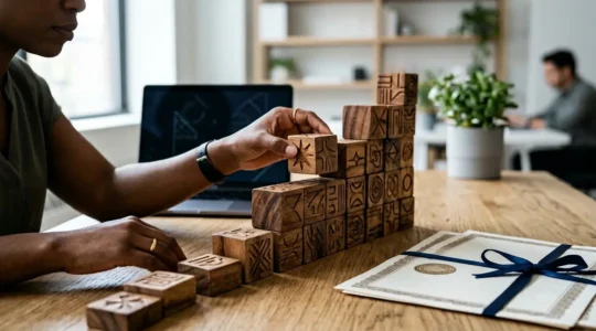 Professionnelle analysant un document de certification RNCP avec blocs de compétences modulaires sur bureau moderne