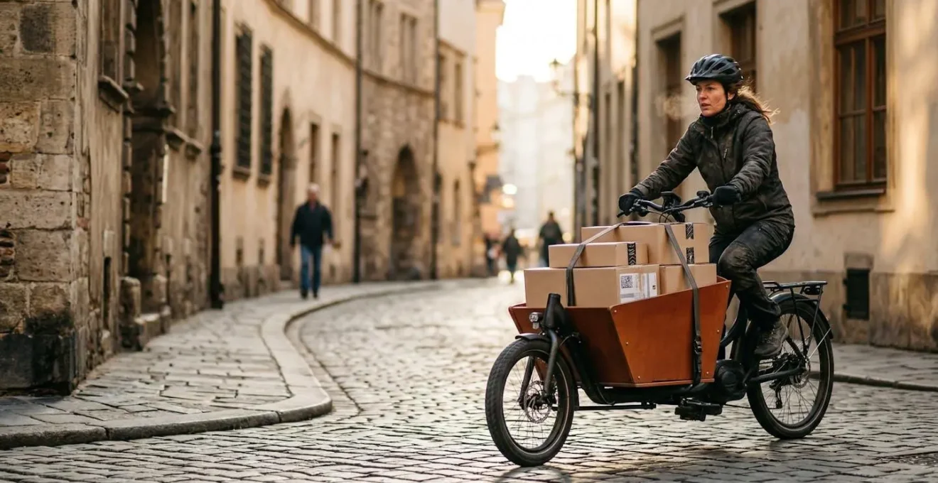 Livreur à vélo cargo électrique traversant une rue pavée en centre-ville historique