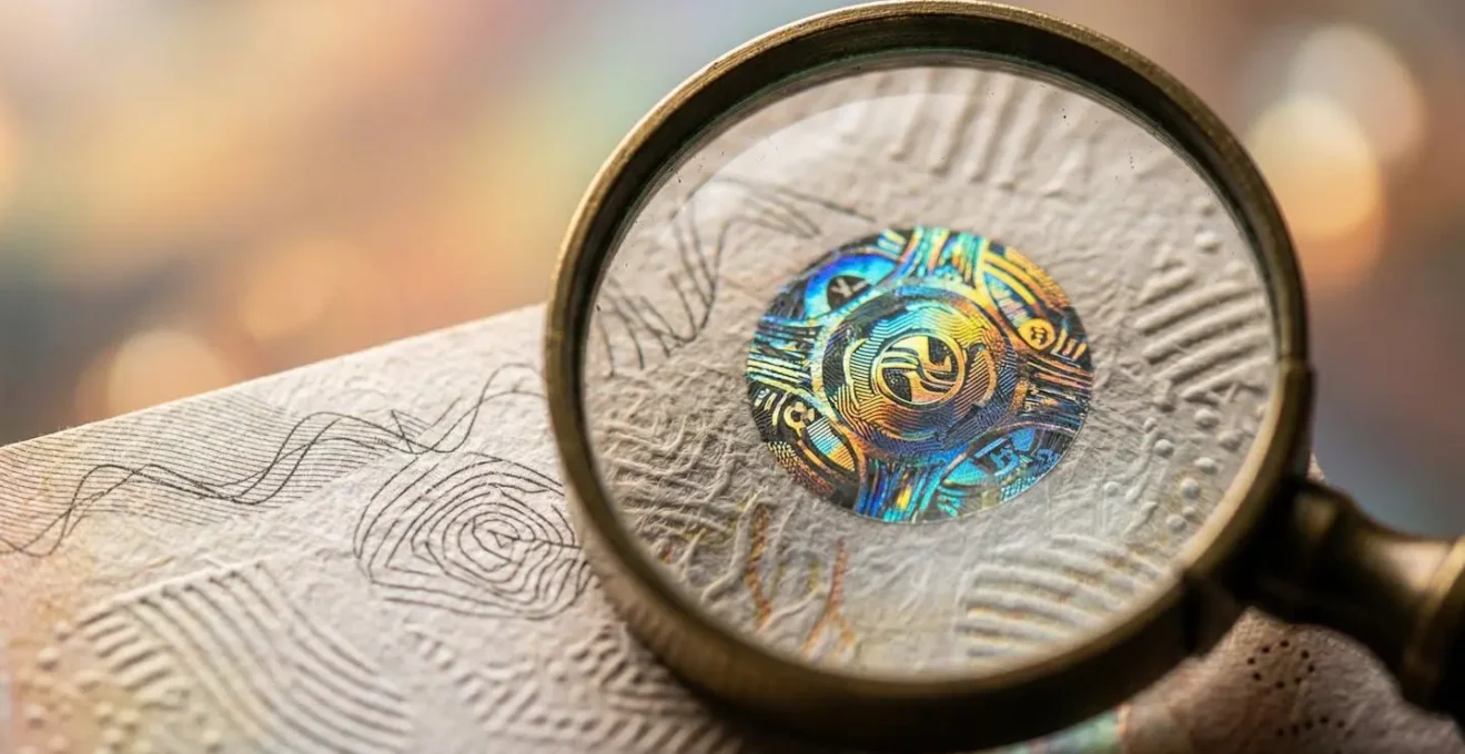 Gros plan macro sur une loupe examinant un document avec hologramme de sécurité.