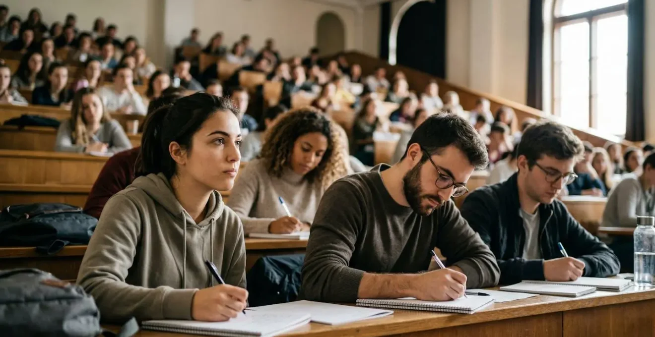 Vue d'un amphithéâtre universitaire un vendredi matin avec des étudiants attentifs