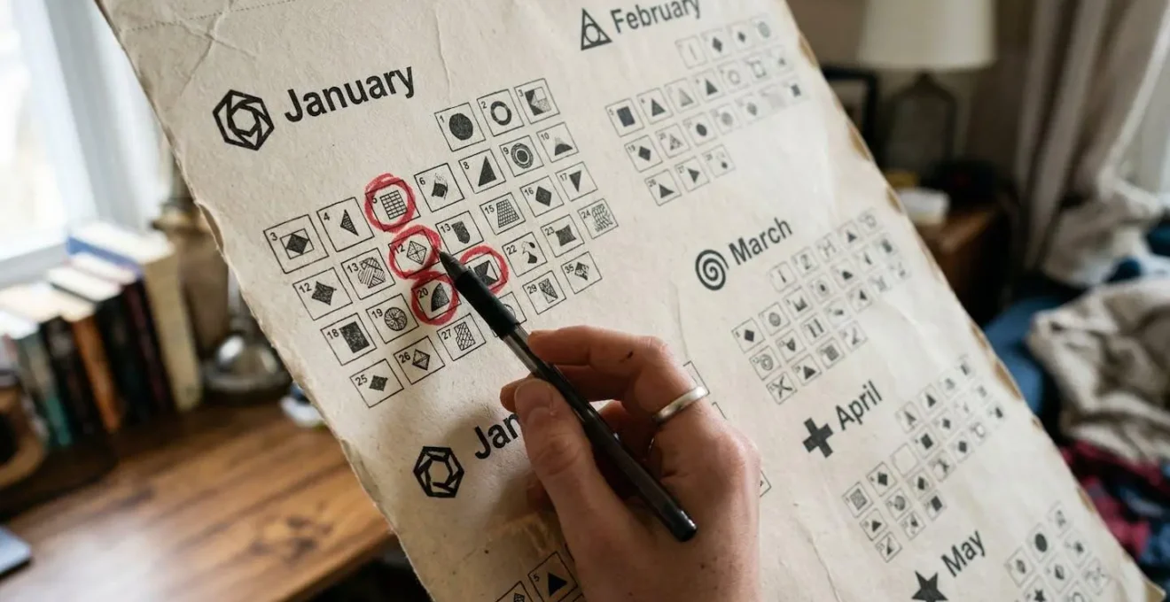 Calendrier mural avec dates clés du DSE marquées et main d'étudiant pointant janvier