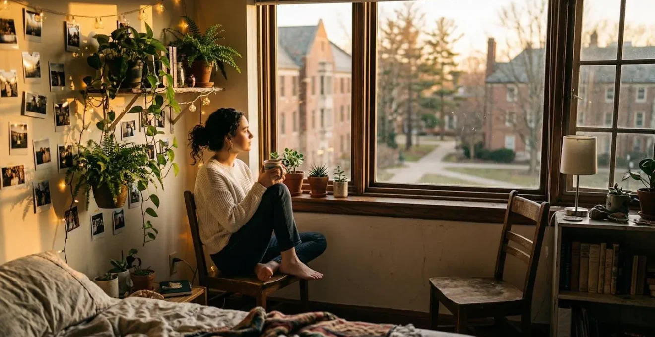 Étudiant seul dans sa chambre universitaire créant un espace chaleureux et personnalisé