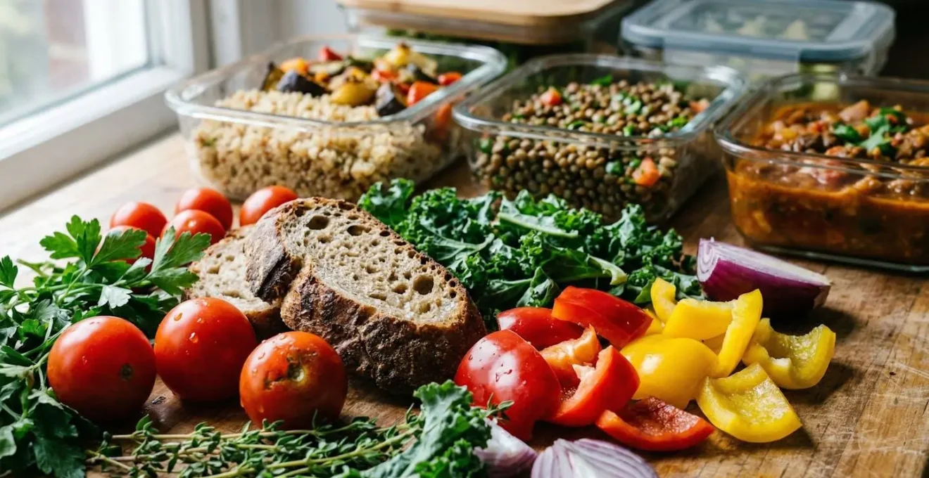 Table de cuisine avec paniers anti-gaspi transformés en plats préparés pour la semaine