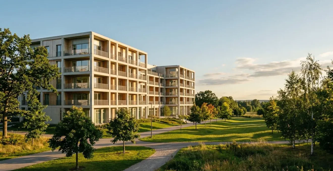 Vue extérieure d'une résidence universitaire moderne avec espaces verts