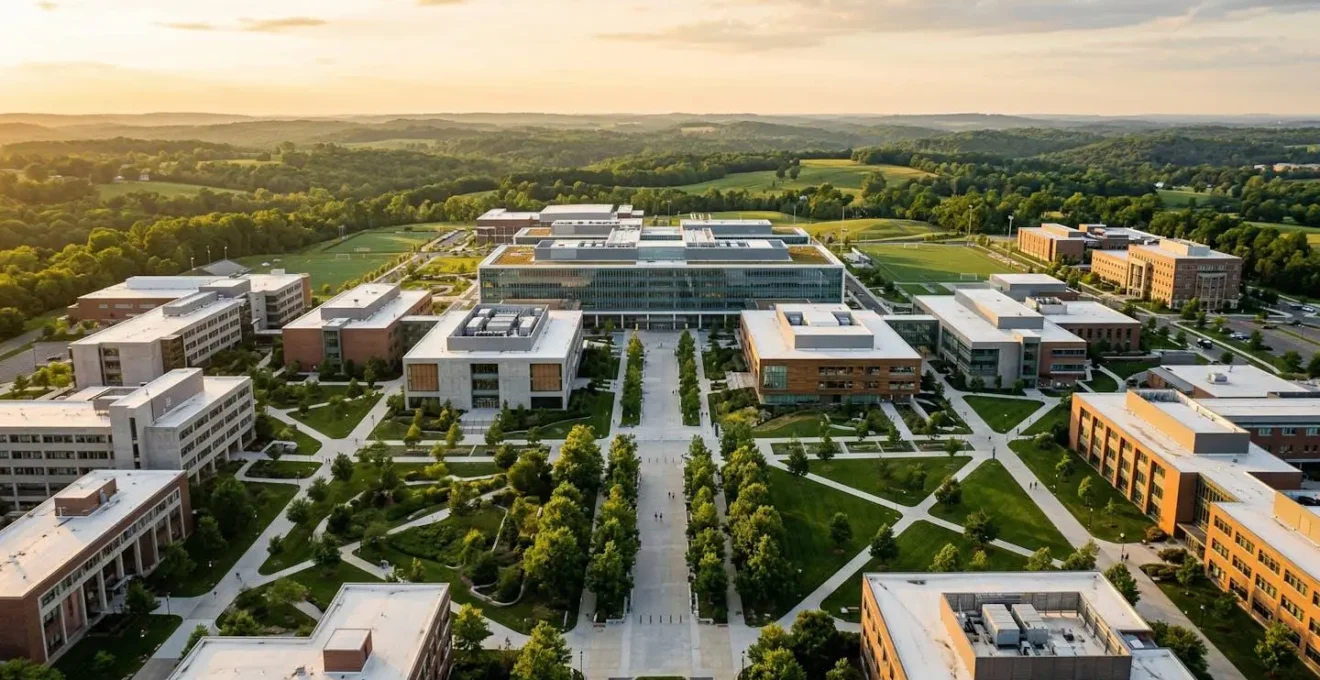 Vue aérienne d'un campus universitaire avec centre médical intégré