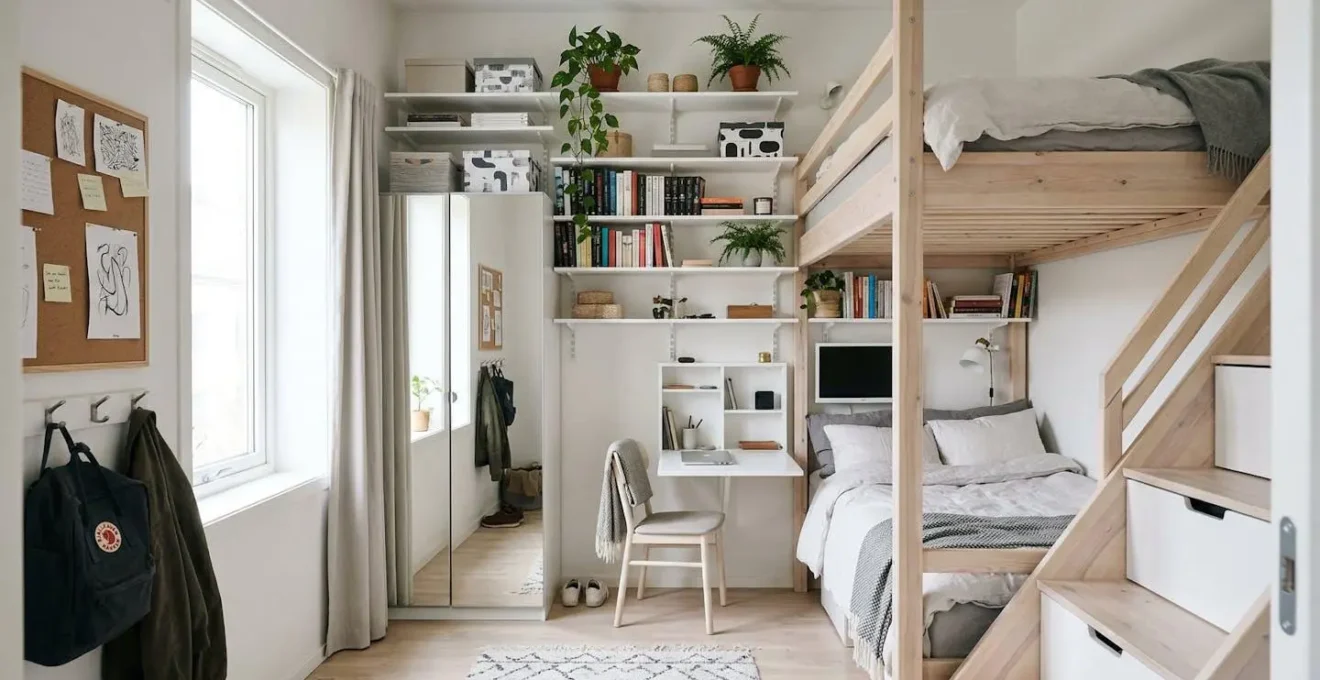 Vue d'ensemble d'un studio étudiant de 9m² avec rangements verticaux et zones bien délimitées