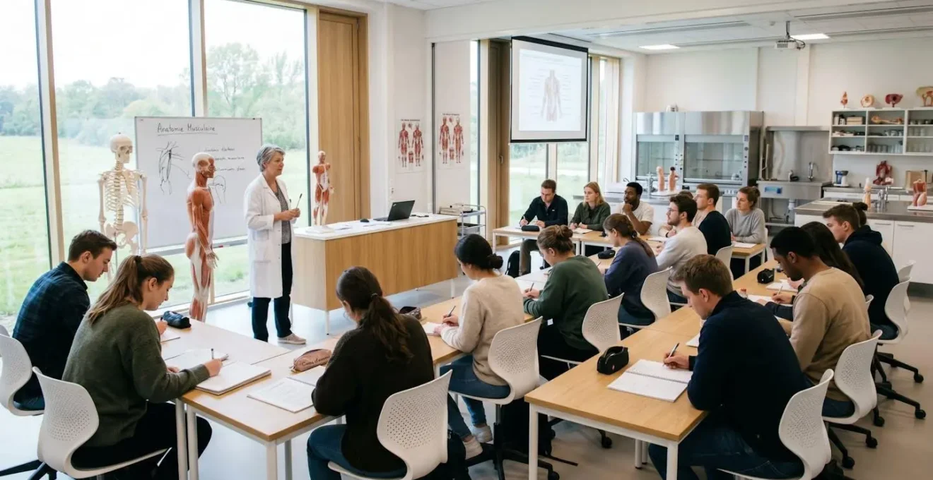Salle de classe de préparation médicale avec professeur enseignant l'anatomie à un groupe restreint d'étudiants attentifs